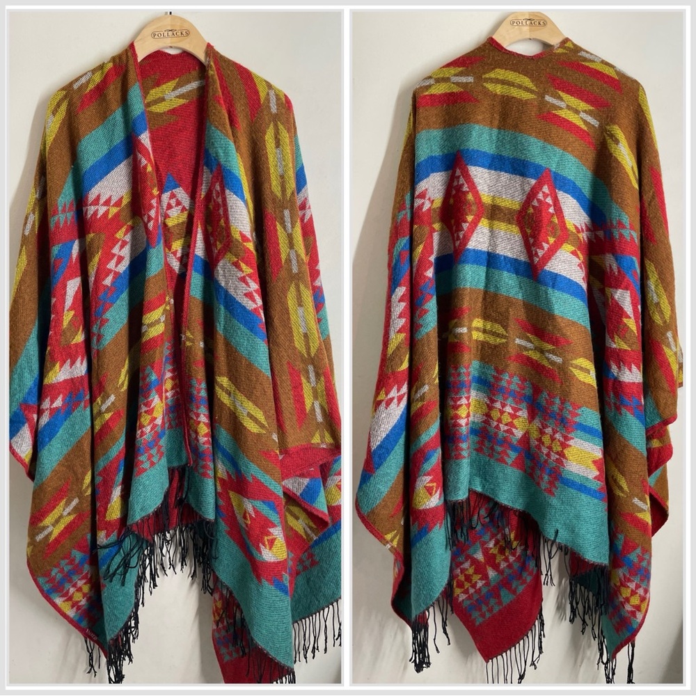 Southwestern Woven Poncho Wrap Shawl Fringe Aztec Geometric Boho - Merona